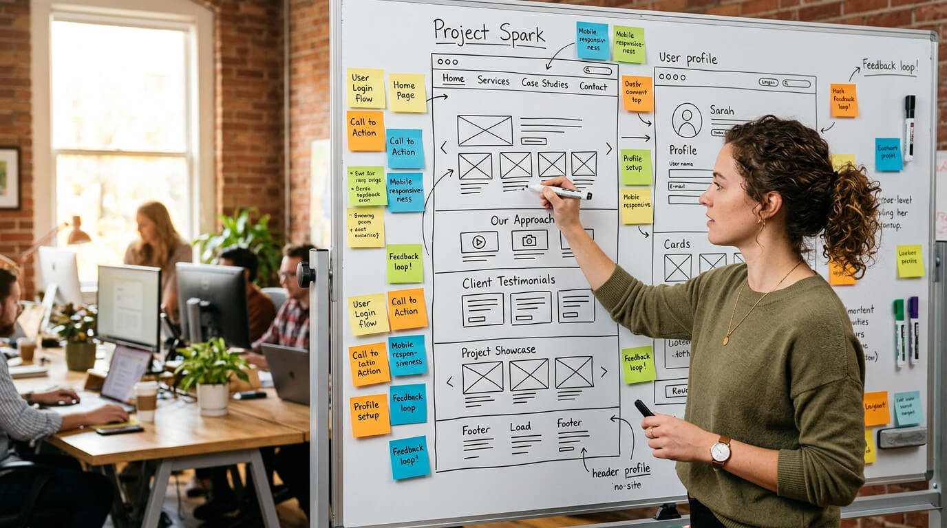 UX dizajnér kreslí wireframy novej webstránky na tabuli so sticky notes a anotáciami