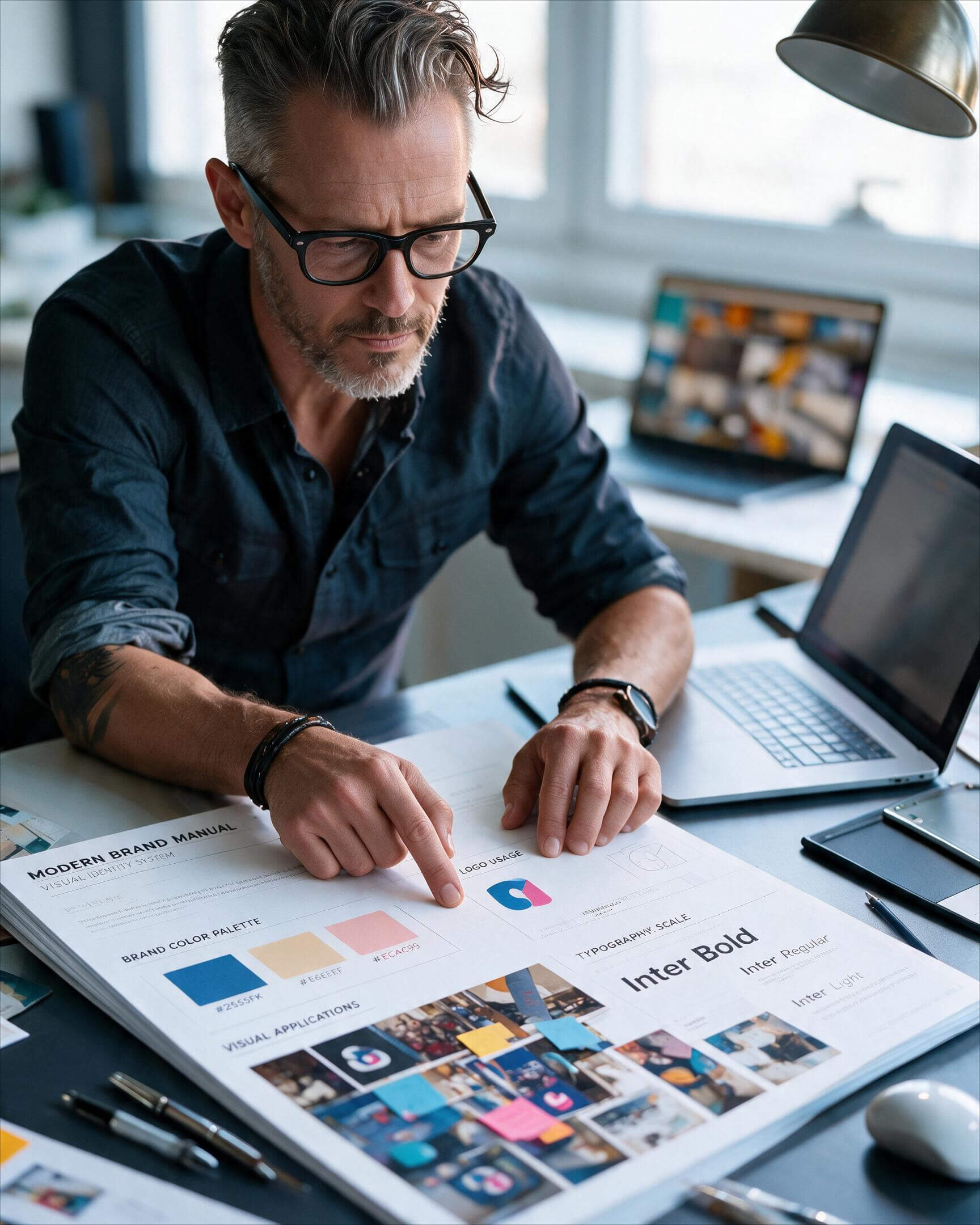 Brand strat&eacute;g prezentuje porovnanie starej a novej identity firmy na monitore v modernej agent&uacute;re