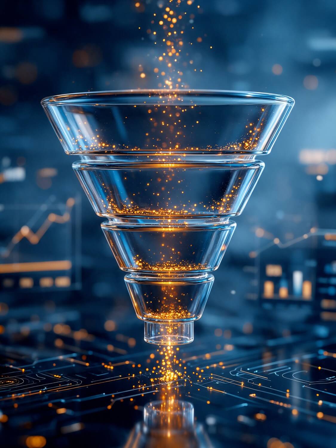 Analytik sk&uacute;ma n&aacute;kupn&yacute; lievik v GA4 dashboarde na veľkom monitore v modernej kancel&aacute;rii